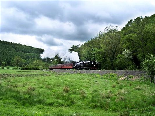 Steam train below farm